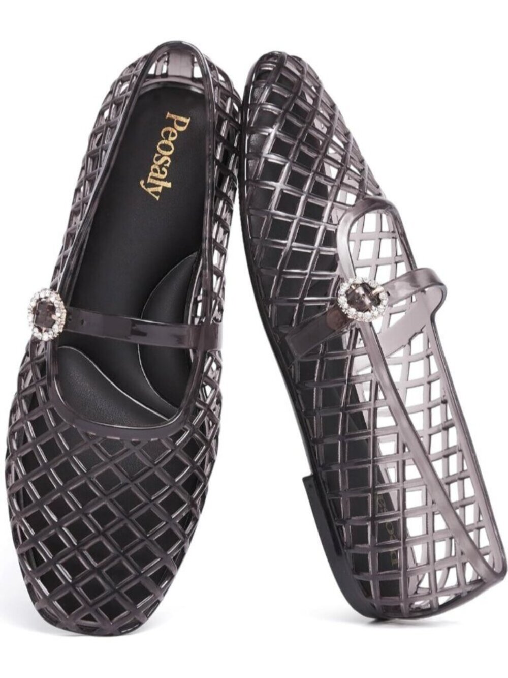 Women's Mary Jan Black Comfortable Slip On Pointed Toe Jelly Flats Casual Shoes
